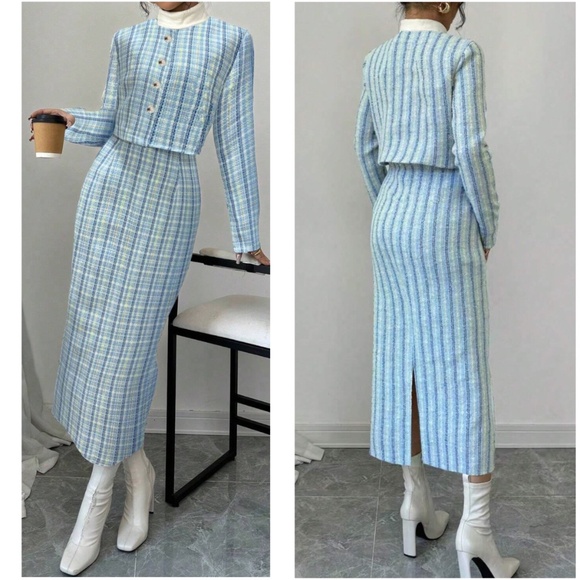 Classic Faux Pearl Tweed Open Front Jacket Dress Set - Picture 6 of 7